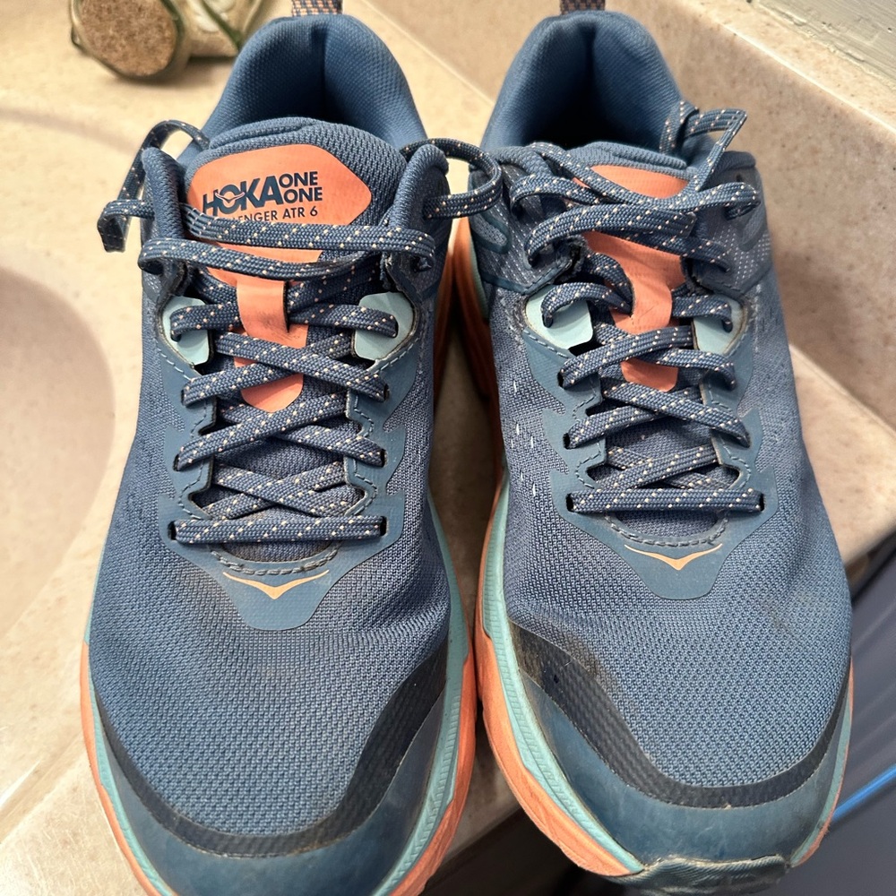 Hoka One One Blue and Orange Athletic Shoes lots of tread left
